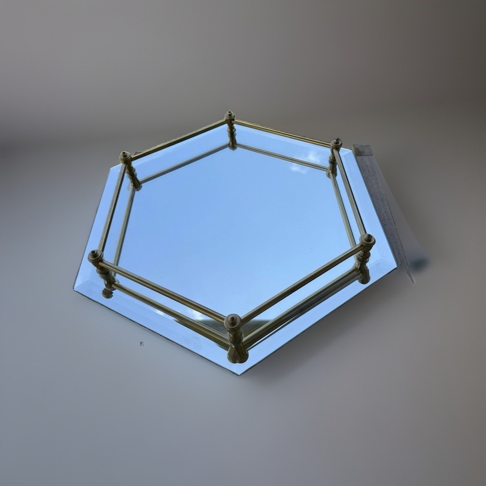 Hexagon Beveled Mirrored Vanity Tray Brass Tone Rail VTG Hollywood Regency 12" - Picture 4 of 7